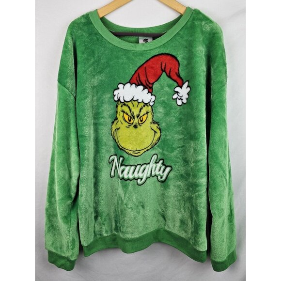 The Grinch Christmas Sweatshirt Juniors Size XXXL 21 Green Naughty Minky Fleece - Picture 1 of 8